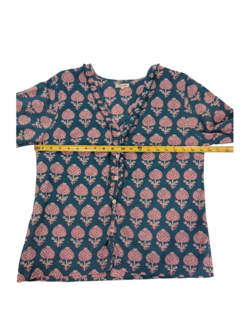 Pomegranate Block Print Boho Cottagecore Cotton Blouse Turquoise Pink Artisan To - Picture 9 of 13